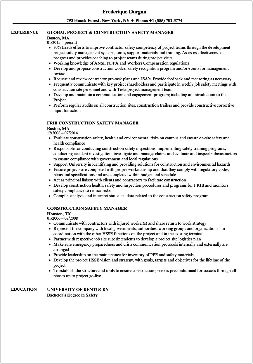 Constuction Safety Manager Resume Help