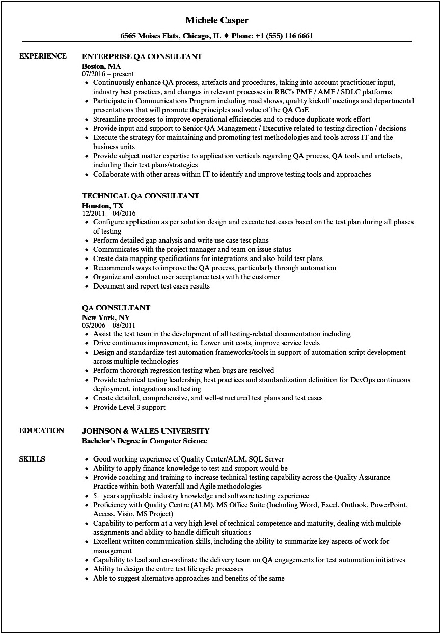 Consultant Project Manager Quality Assurance Resume