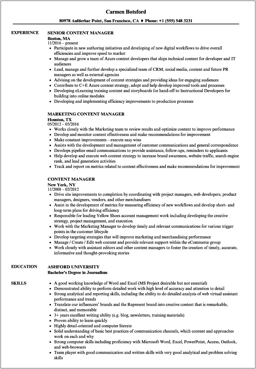 Content Management Job Descriptio Resume