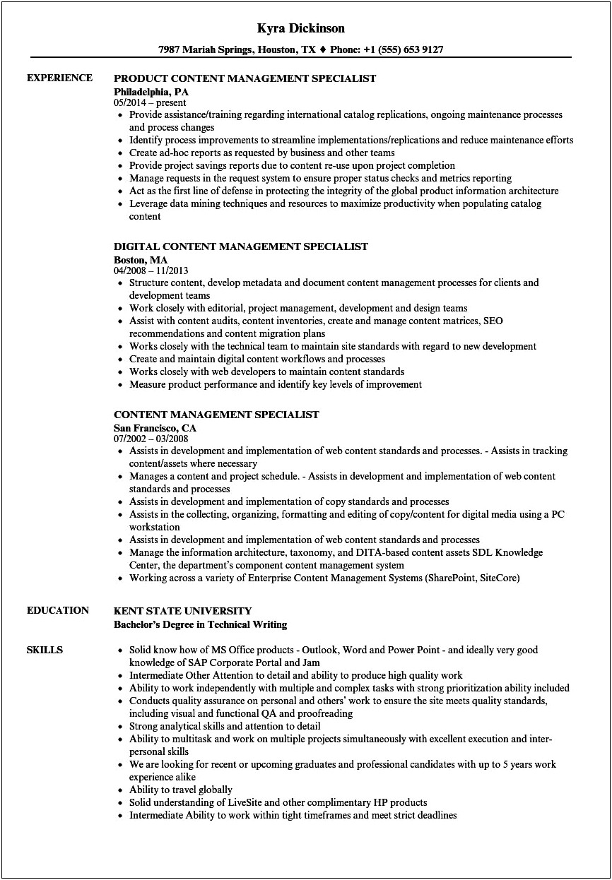 Content Management System Experience Resume