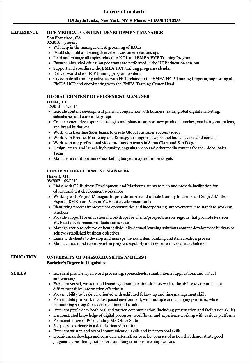 Content Manager Resume Events And Content