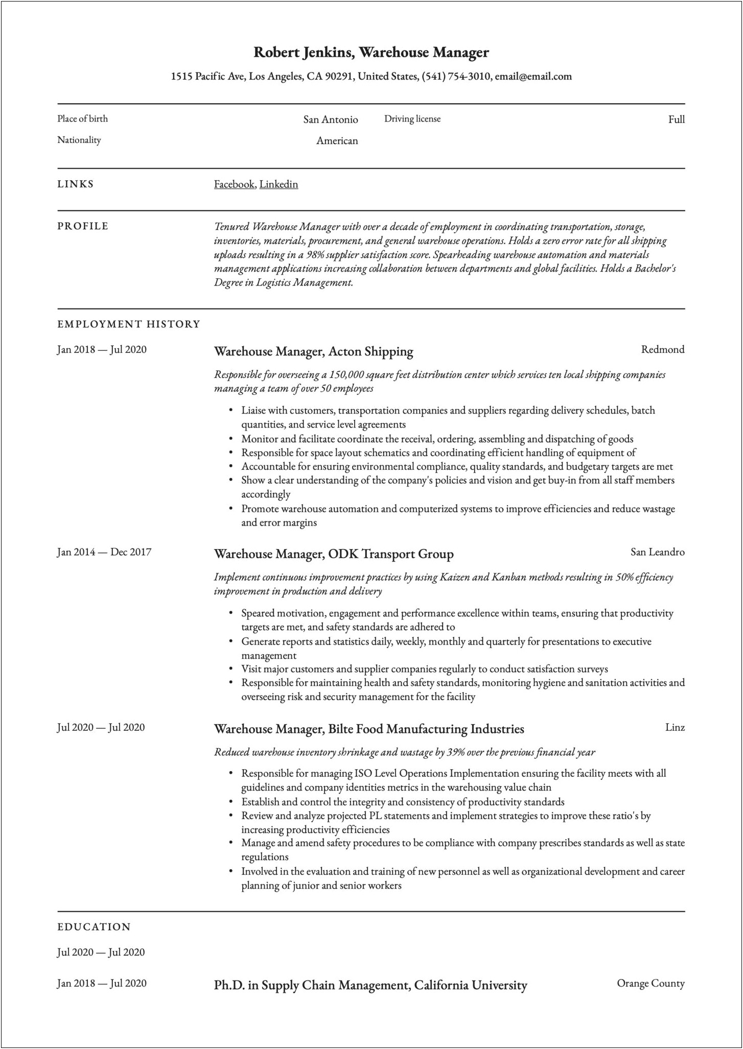 Continuous Improvement Manager Resume Sample