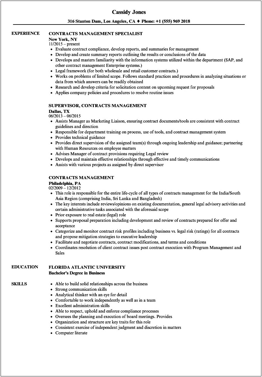 Contract Management Skills Resume Army