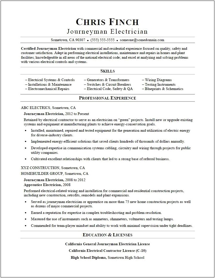 Contractor Work Experience Resume Example