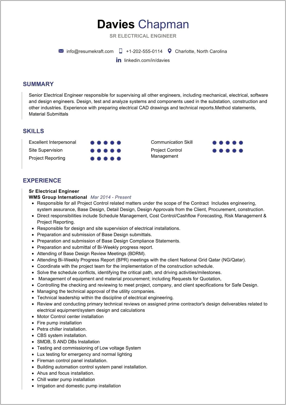 Control System Electrical Engineer Resume Sample