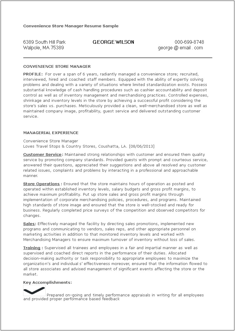Convenience Store Assistant Manager Resume