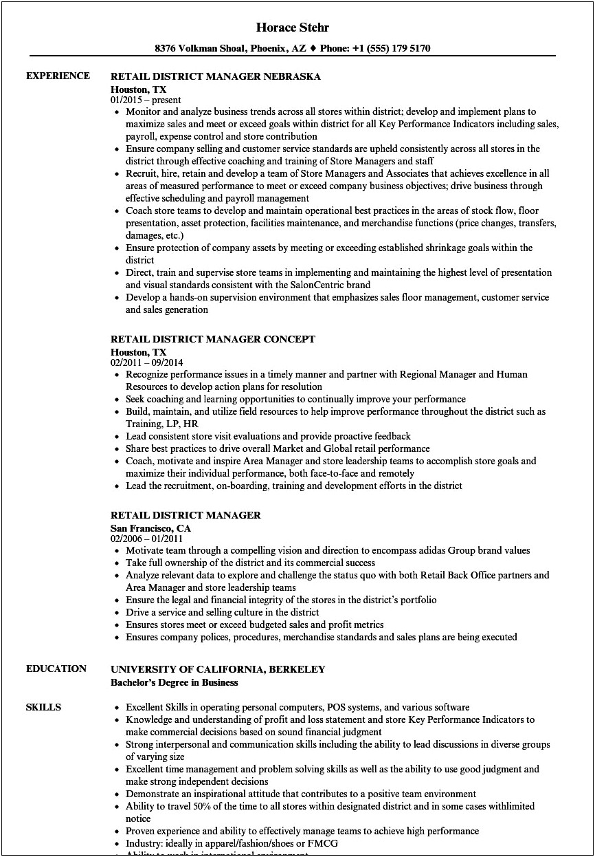Convenience Store District Manager Resume