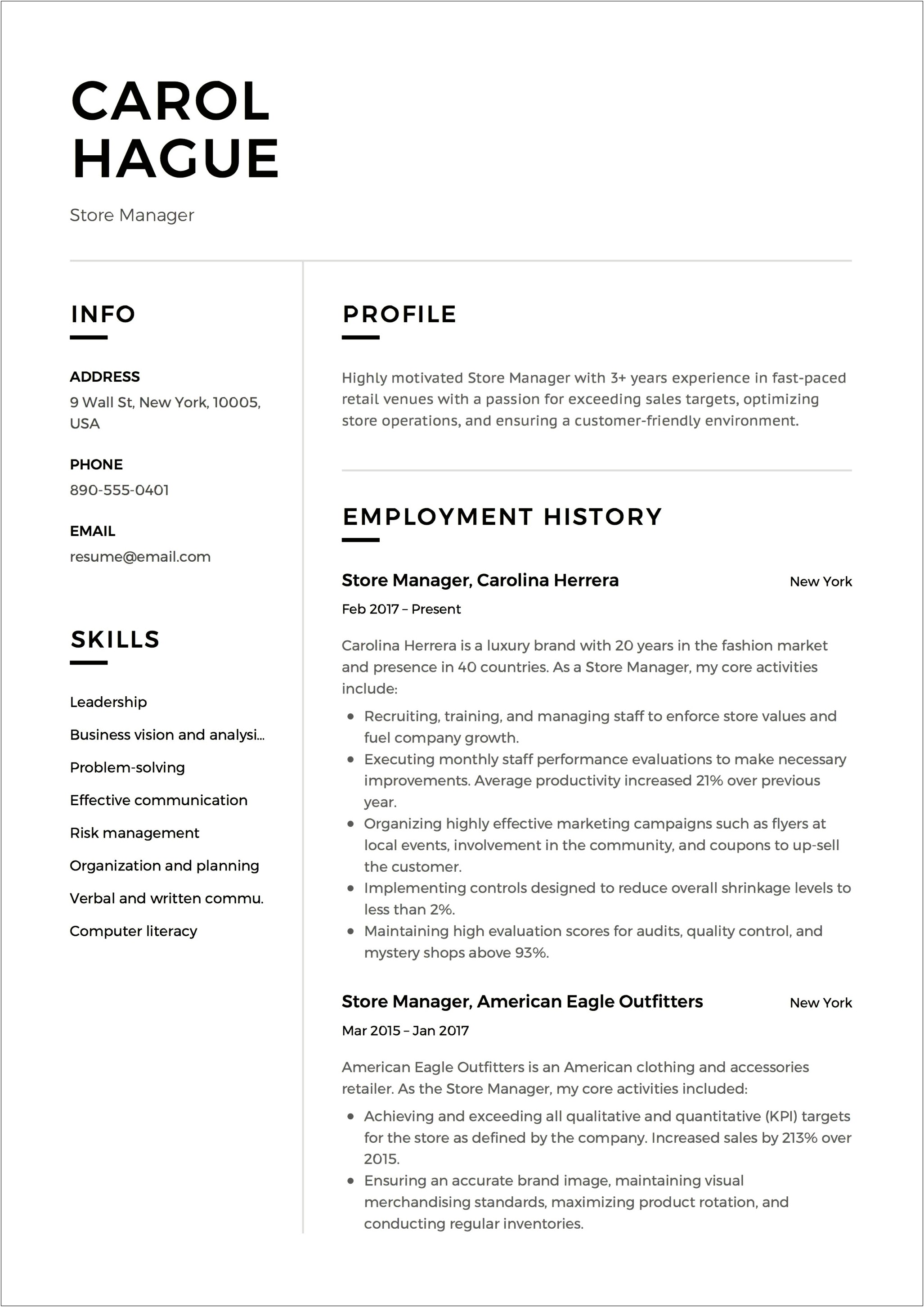 Convenience Store Manager Sample Resume