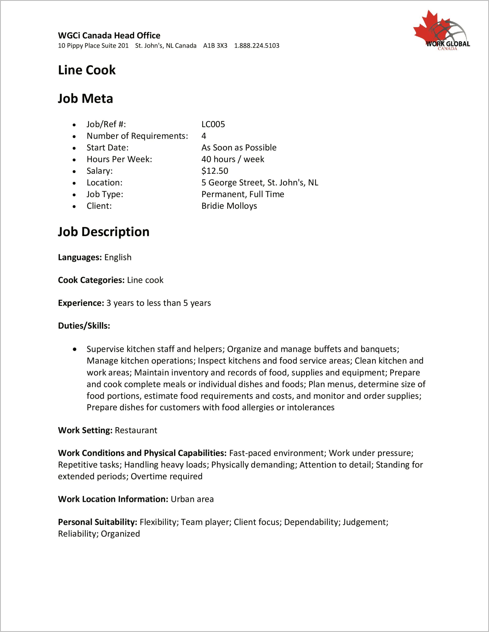 Cook Job Descriptions For Resume