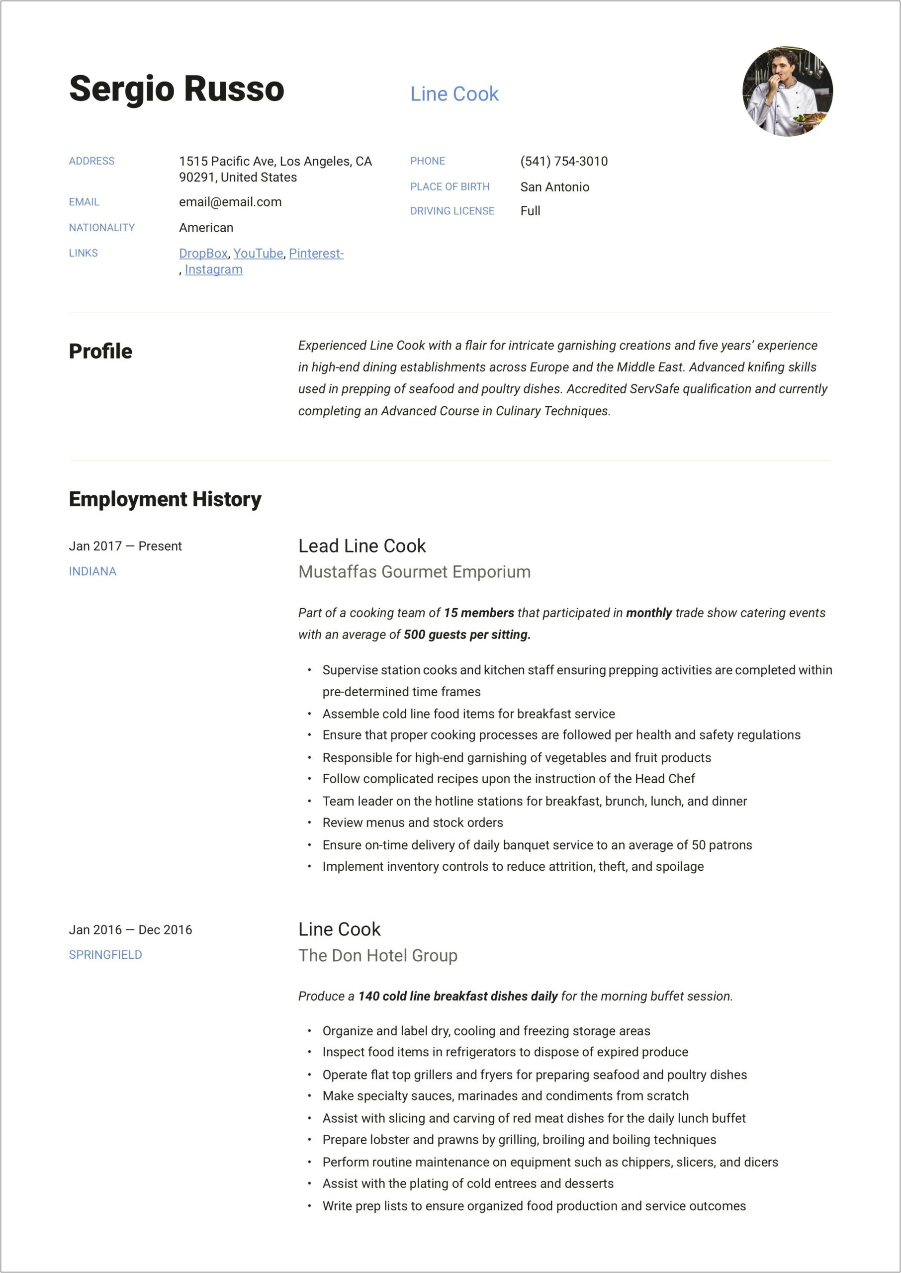Cook Resume Examples No Experience