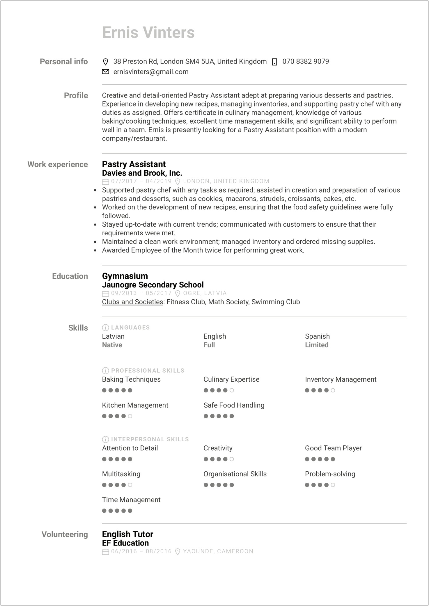 Cooking Skills For A Resume