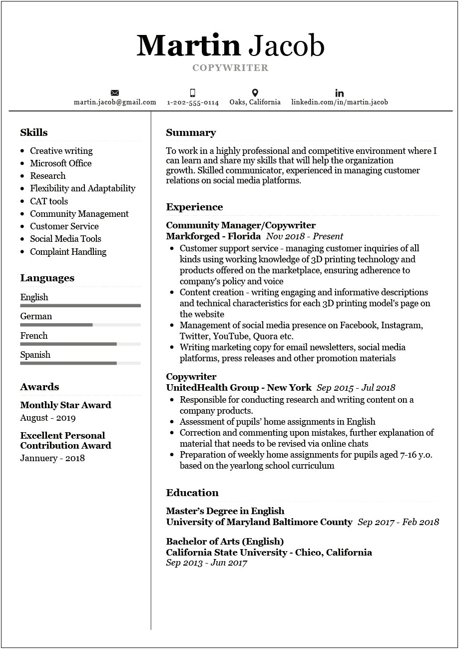 Copywriter Job Description For Resume