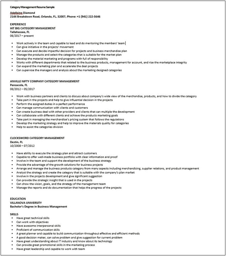 Core Competencies Category Management Resume