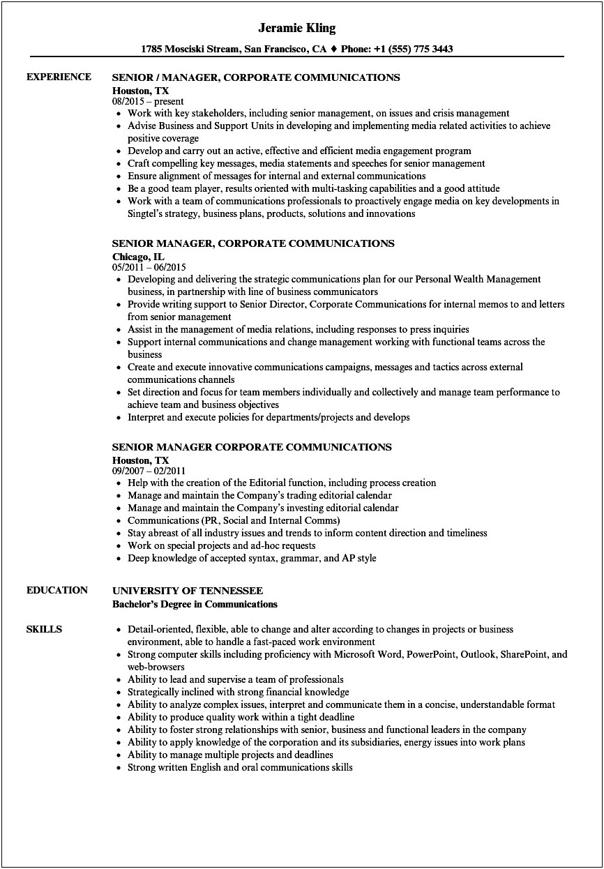 Corporate Communications Manager Resume Sample