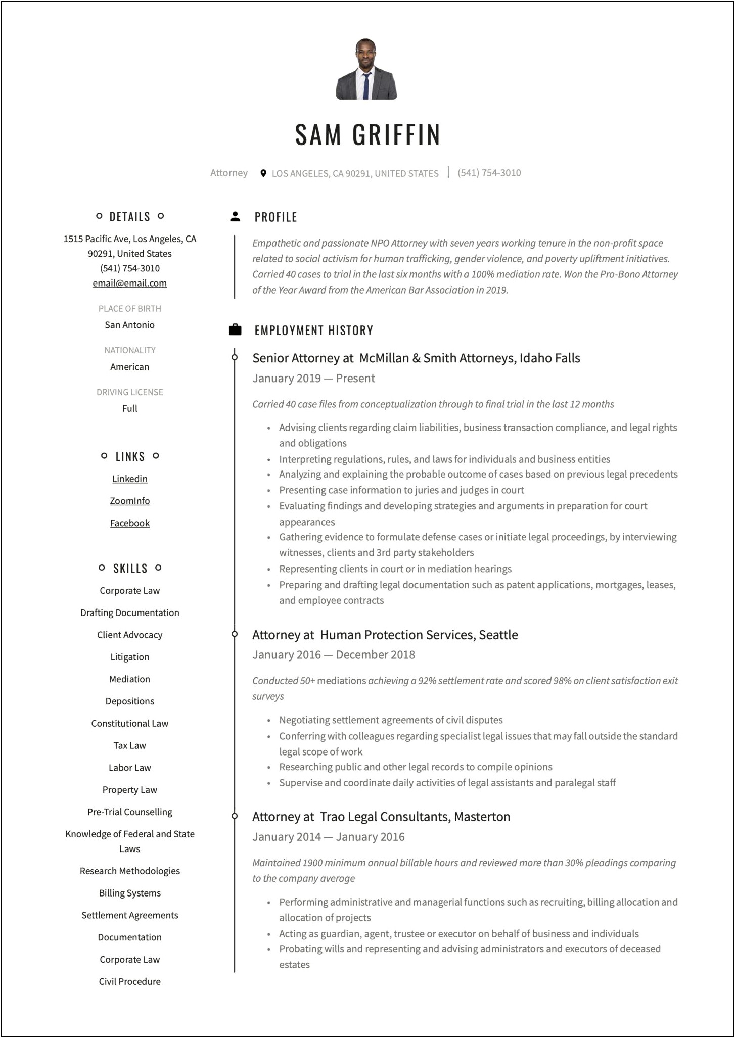 Corporate Counsel Lawyer Resume Sample
