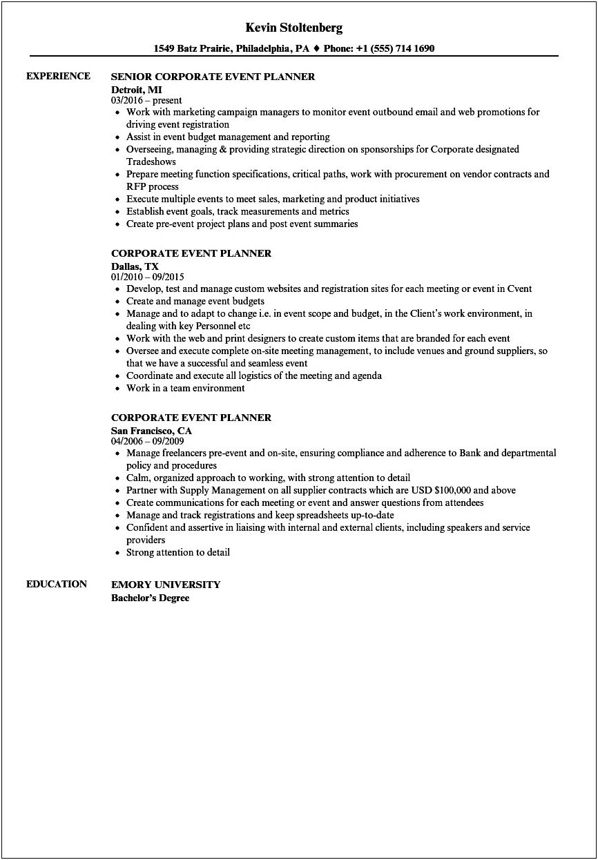Corporate Event Coordinator Job Description Resume