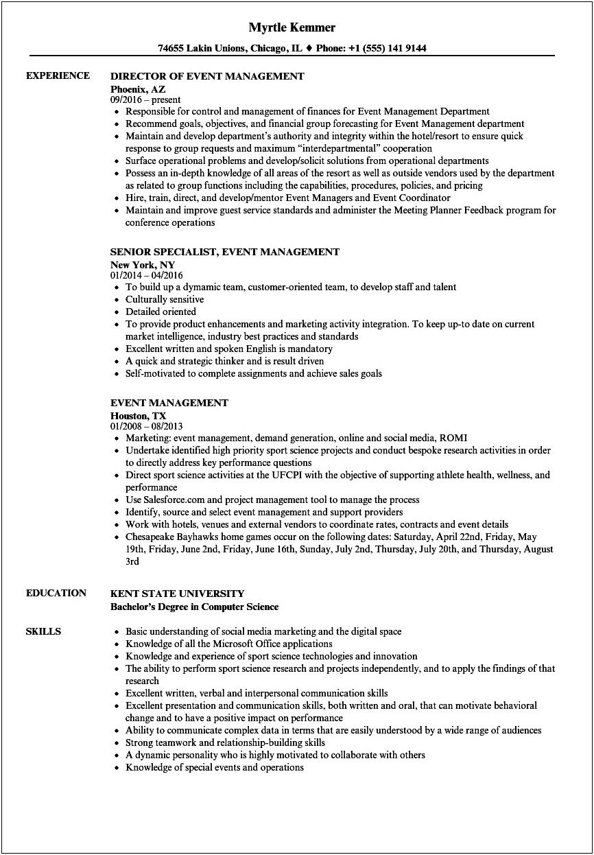 Corporate Event Manager Sample Resume