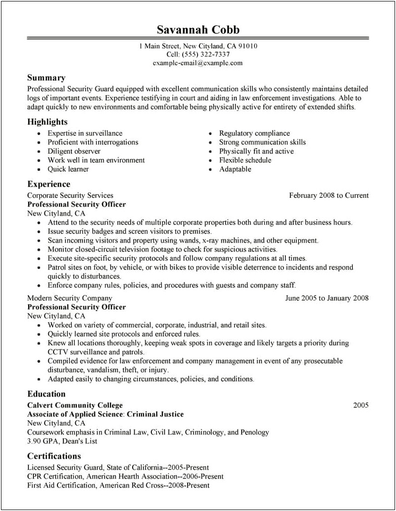 Corporate Security Officer Resume Sample