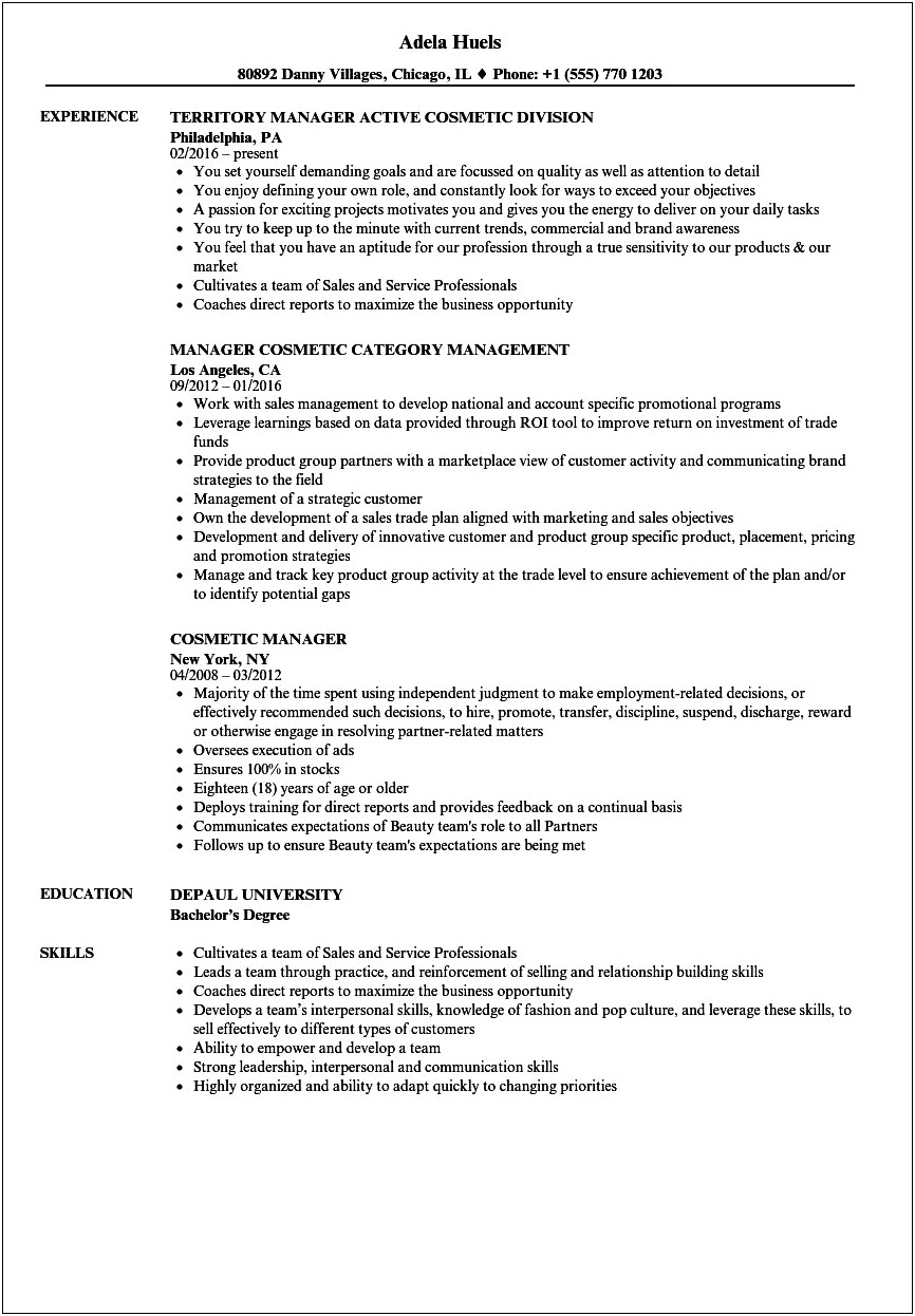 Cosmetics Business Manager Resume Samples