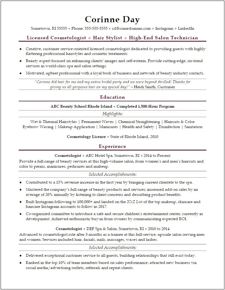 Cosmetology Resume Cover Letter Examples
