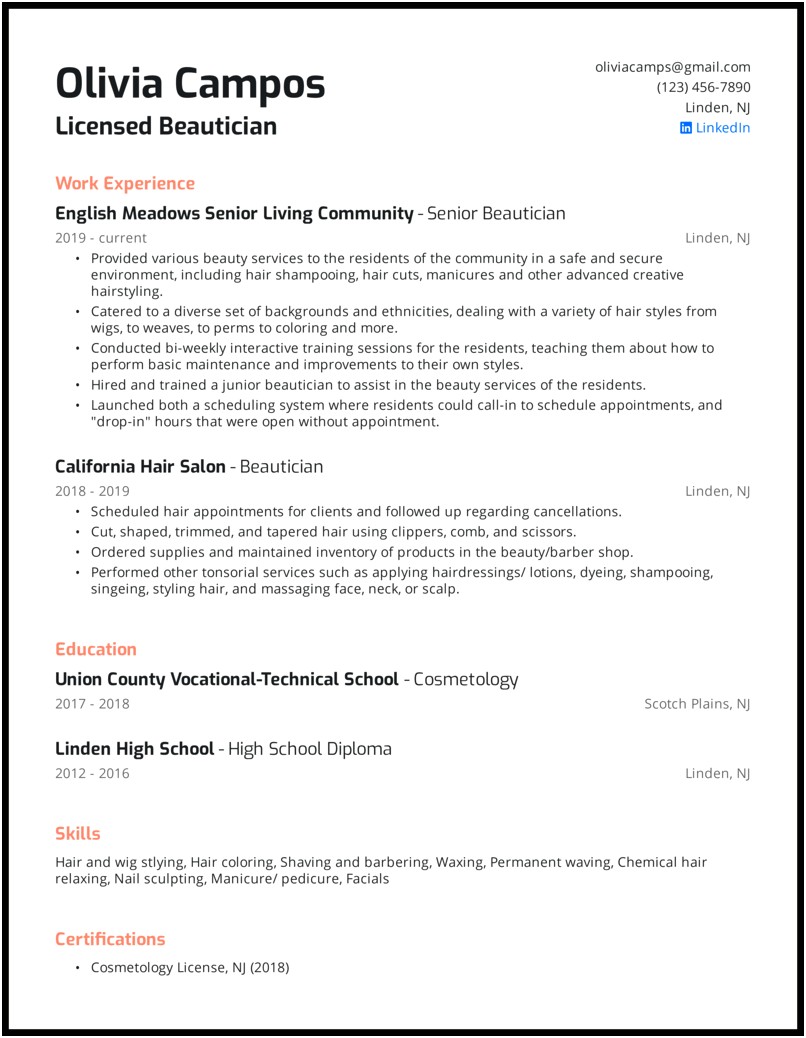 Cosmetology Resume Examples Fresh Outta School