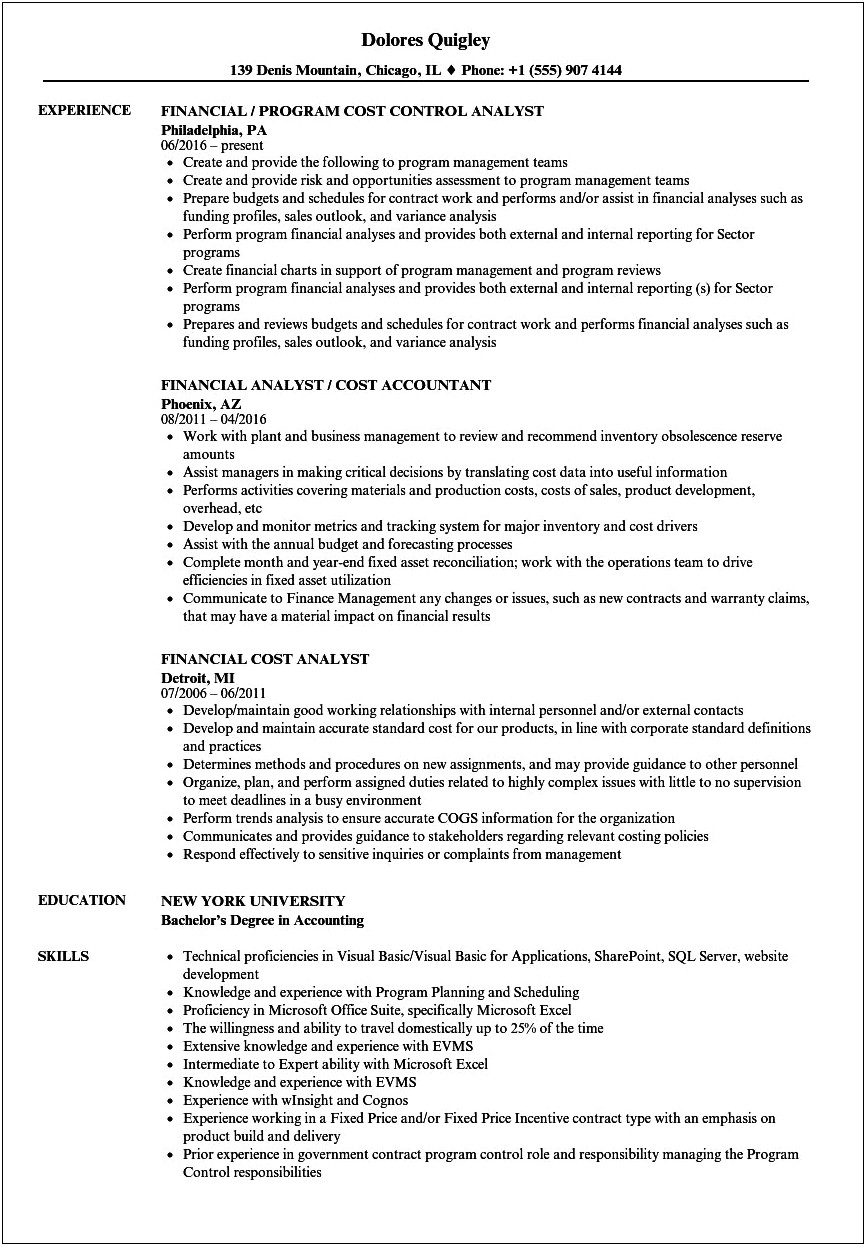 Cost Accountant Job Description Resume