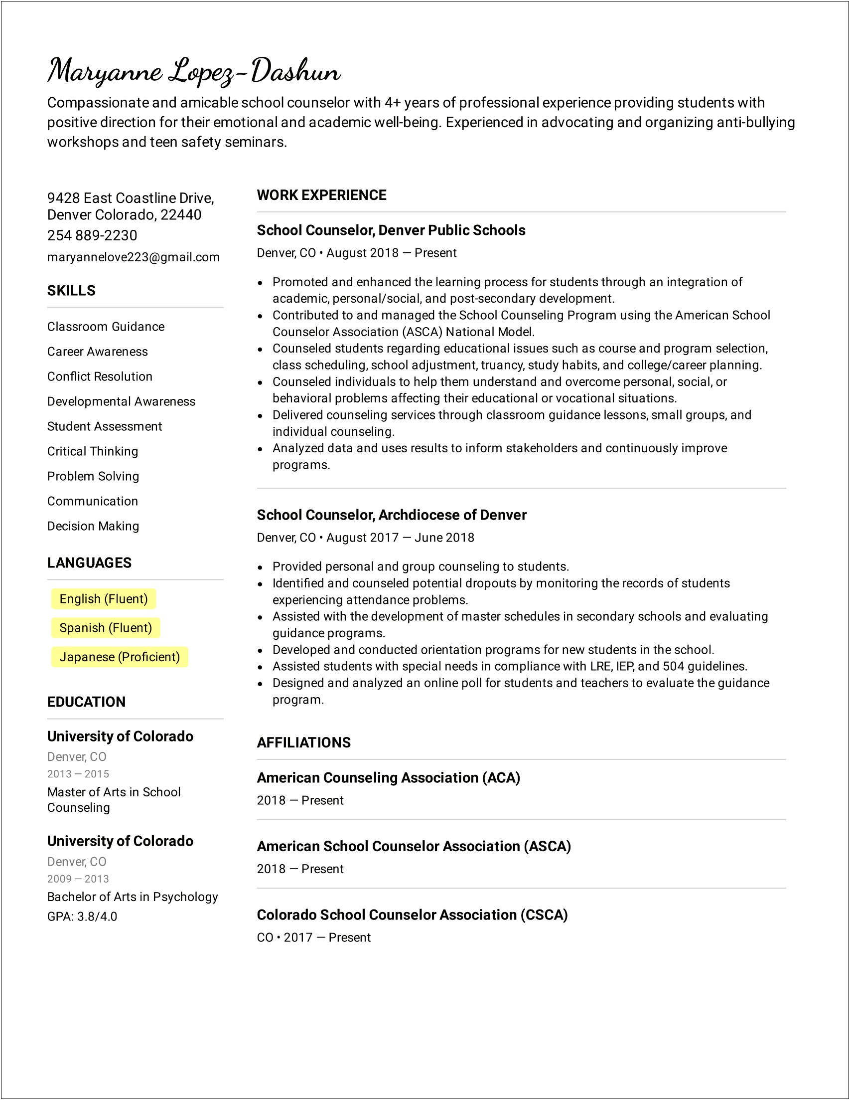 Counsellor Job Description For Resume
