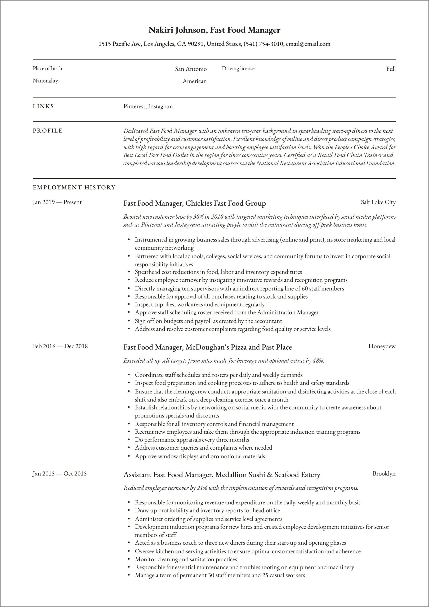 Country Club Food And Beverage Manager Resume