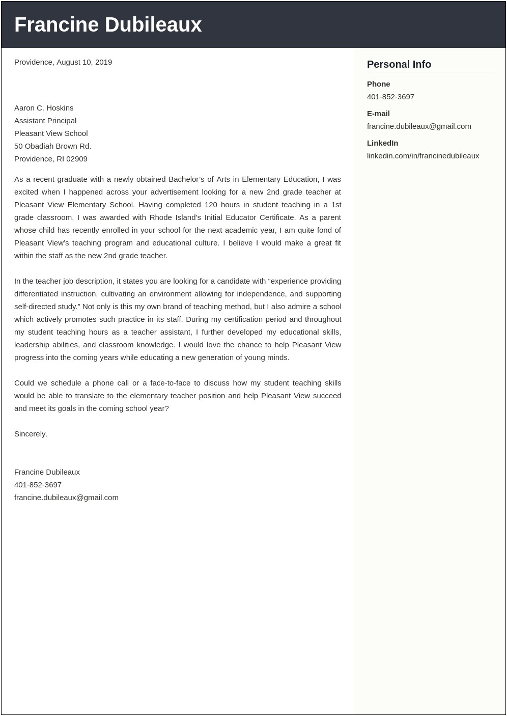 Cover Letter And Resume Template For Teachers