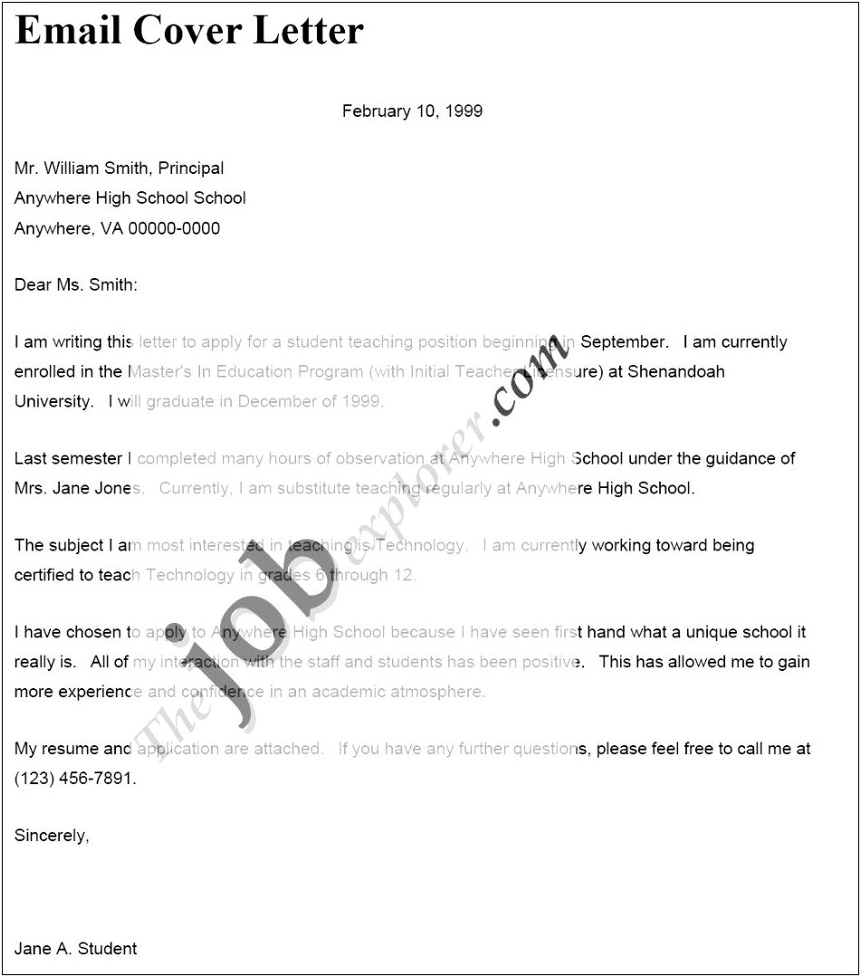 Cover Letter Email Sample For Resume