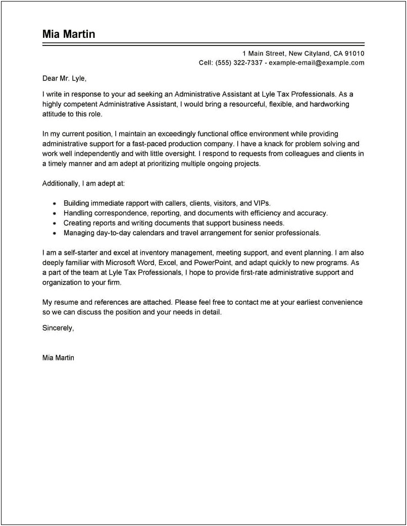 Cover Letter Examples For Resume Administrative Assistant