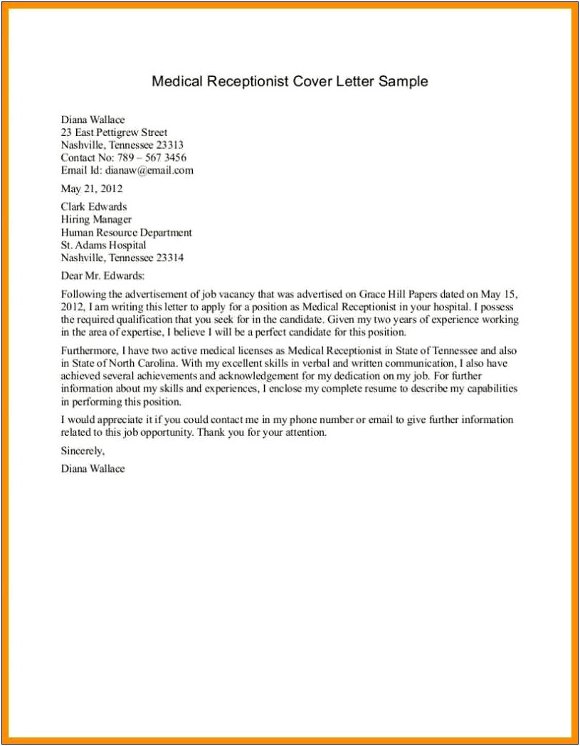 Cover Letter Examples For Resume Hospital Receptionist