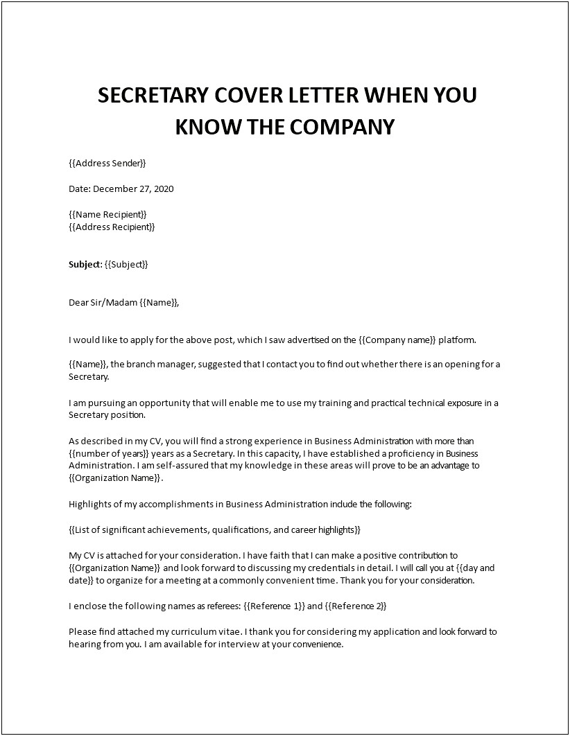 Cover Letter For A Secretary Resume