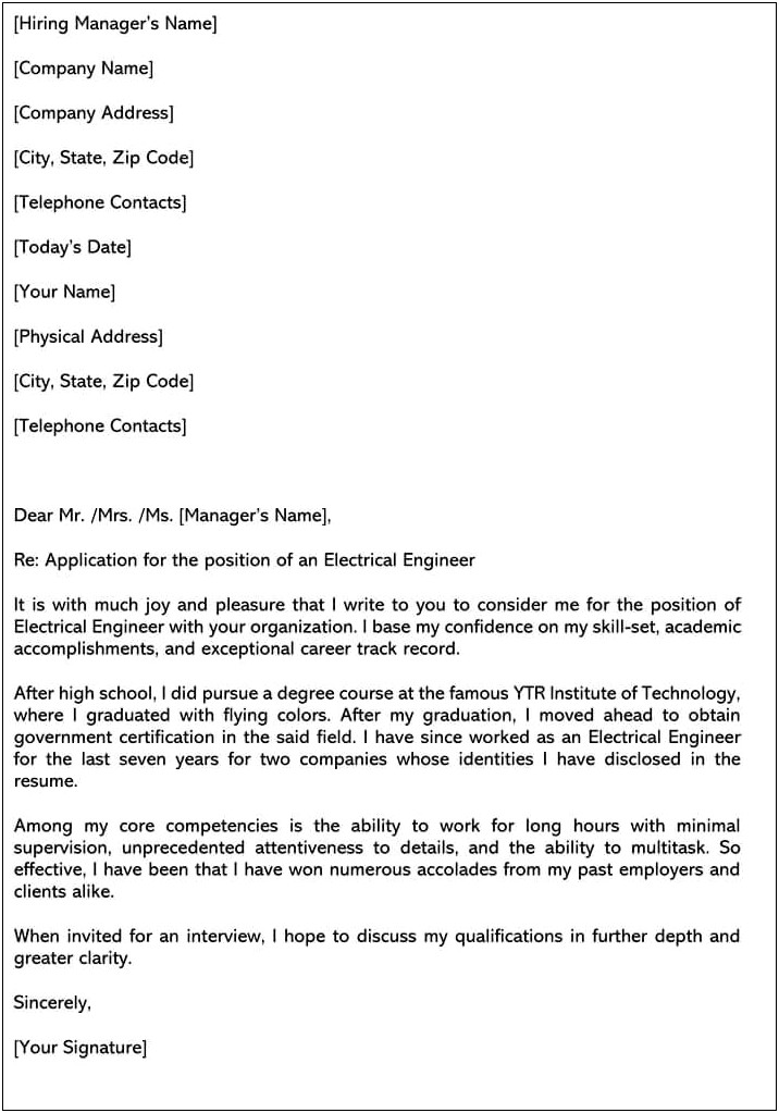 Cover Letter For Electrical Engineer Resume
