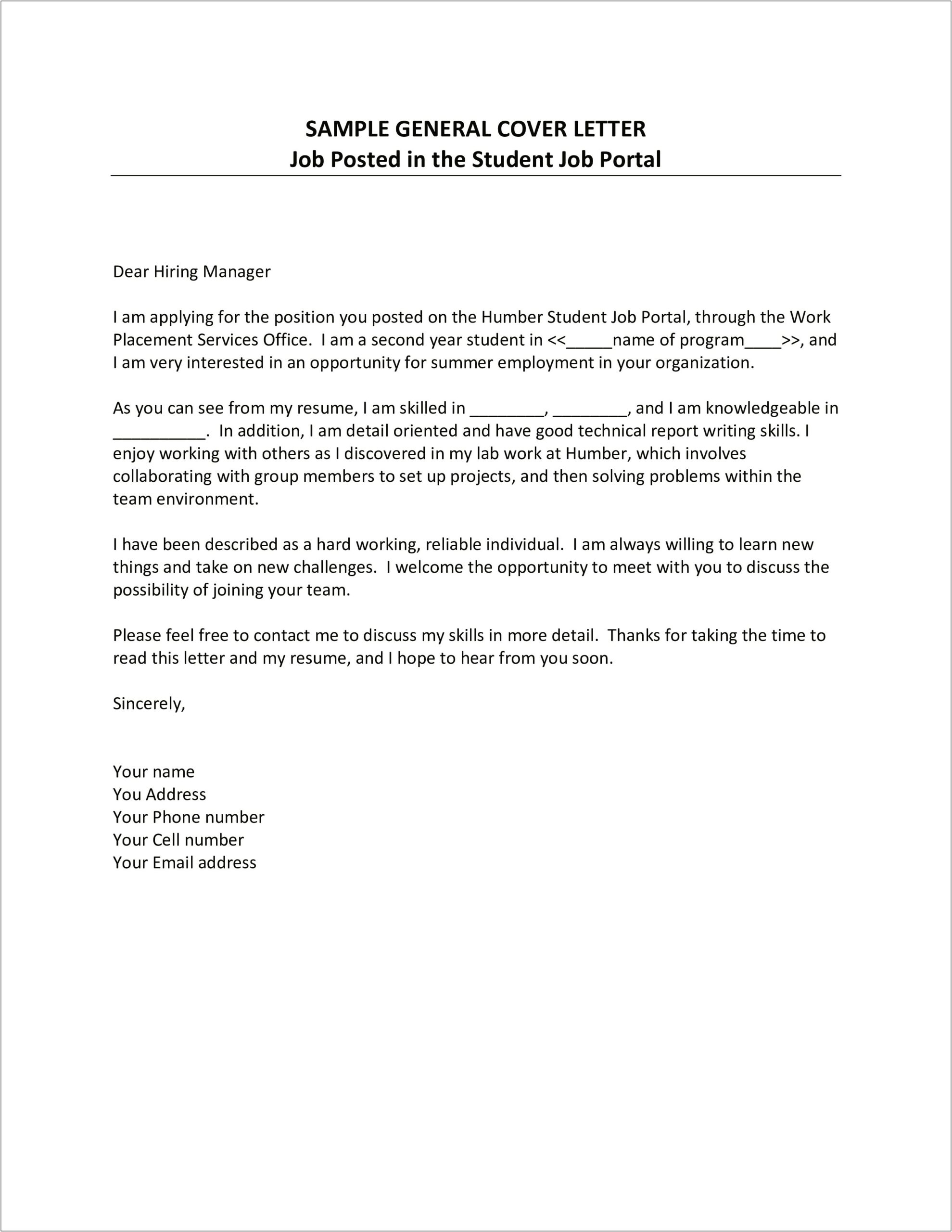 Cover Letter For General Resume Submission