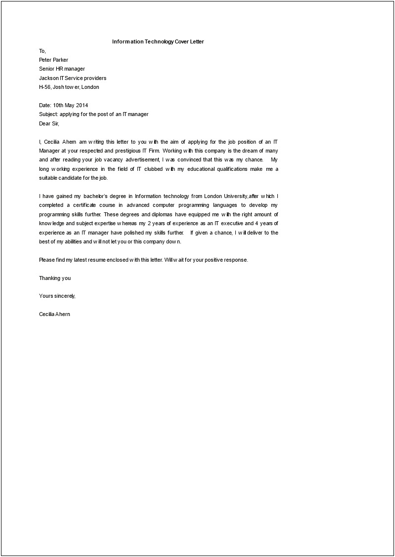 Cover Letter For Resume In Information Technology