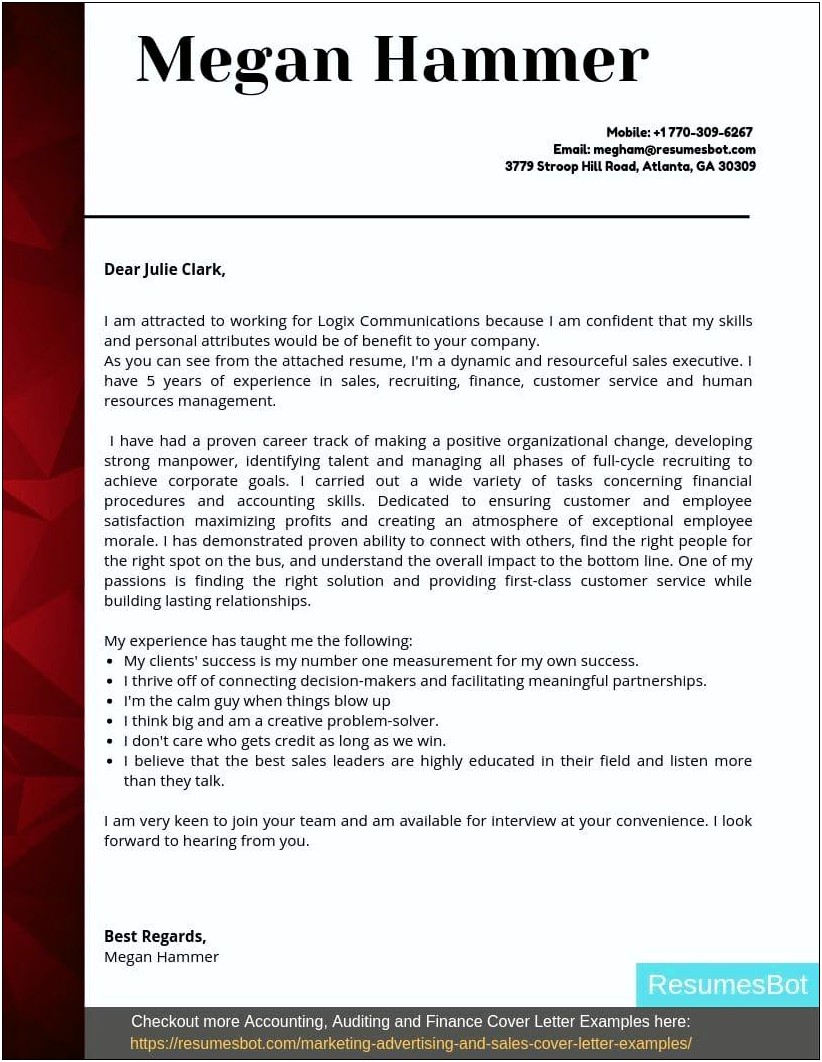 Cover Letter For Resume Sales Executive