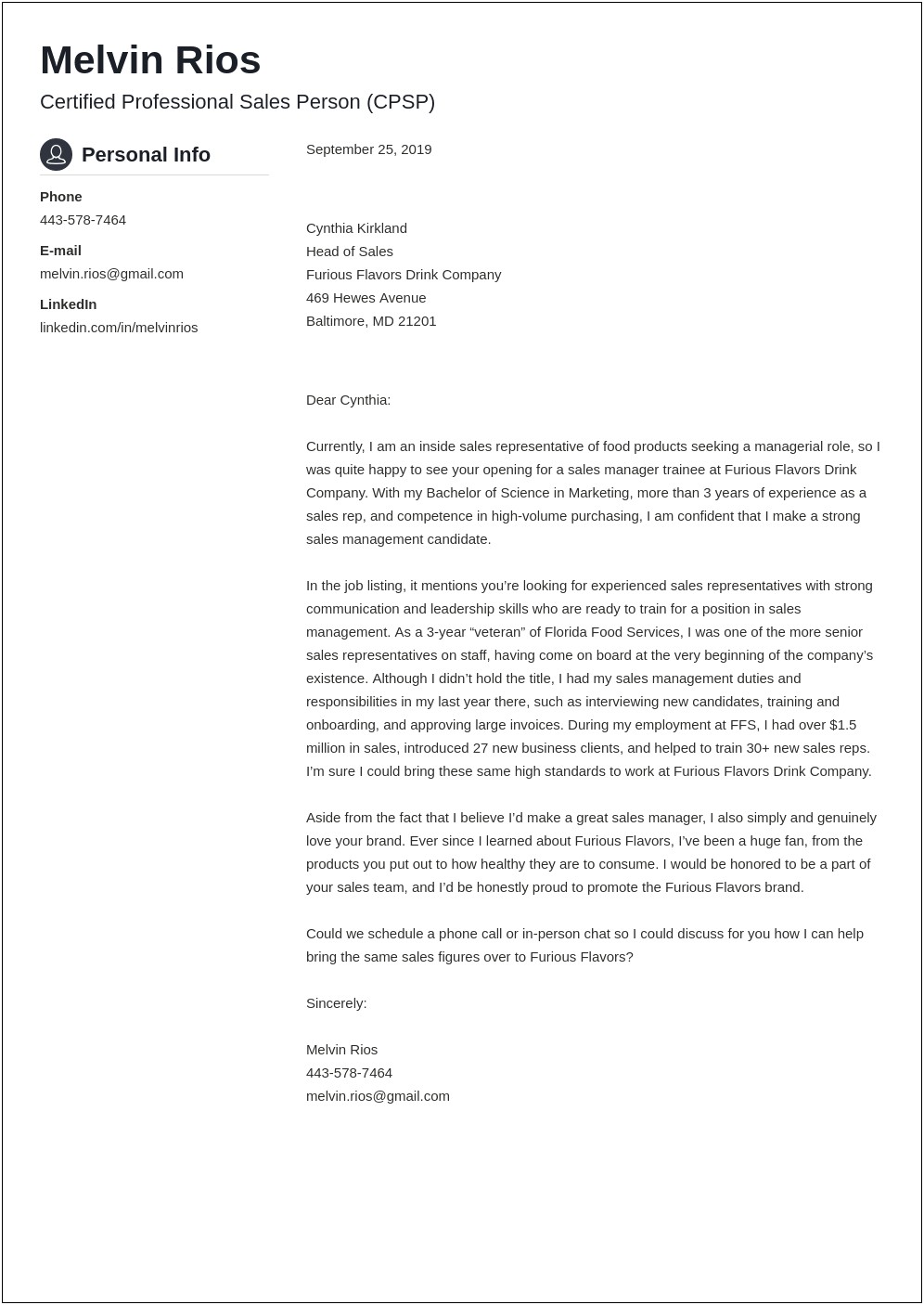 Cover Letter For Resume Sales Manager