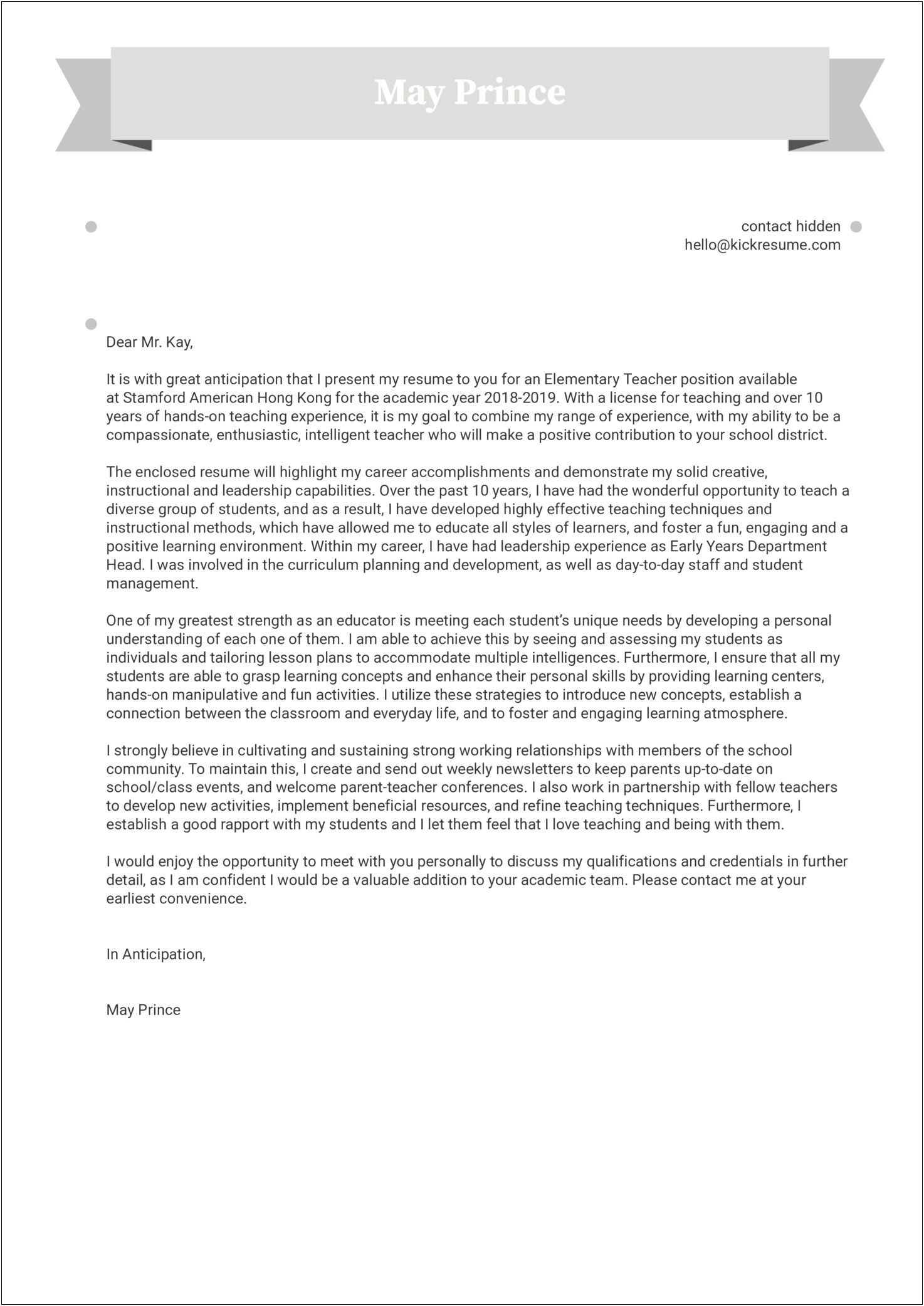 Cover Letter For Resume Student Teacher