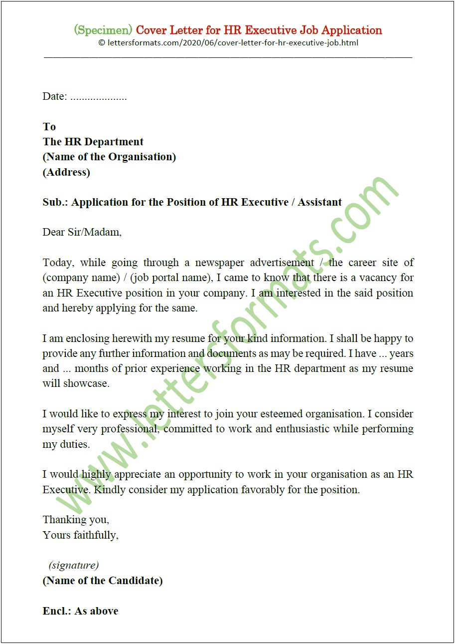 Cover Letter For Sending Resume To Hr