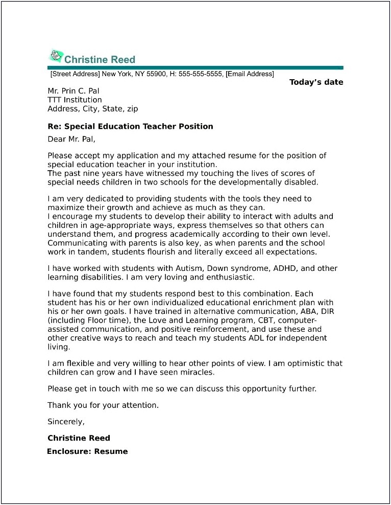 Cover Letter For Teaching Job Resume