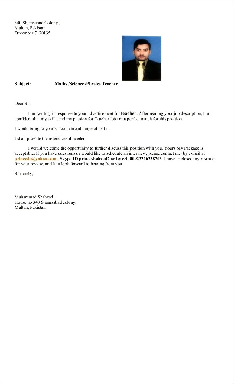 Cover Letter Format For Teacher Resume