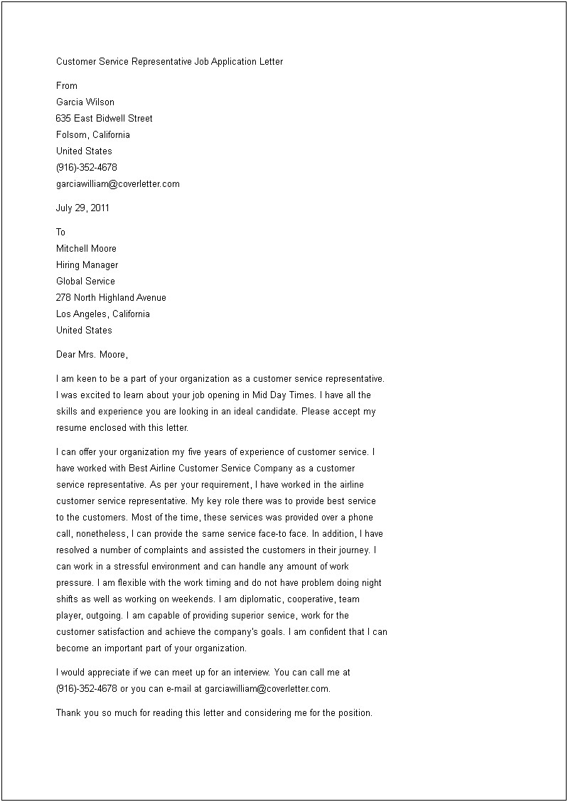 Cover Letter Resume Representative Customer Service Rep Sample