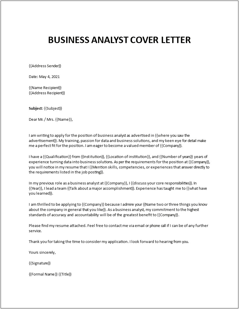 Cover Letter To Post Resume For Business Analyst