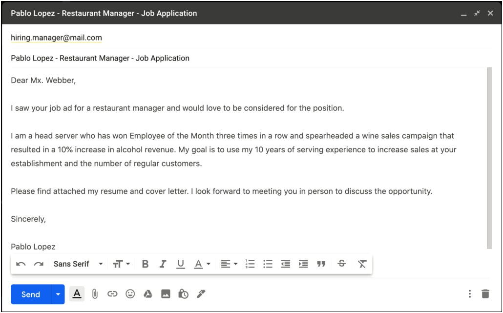 Cover Letter To Send Resume In Email