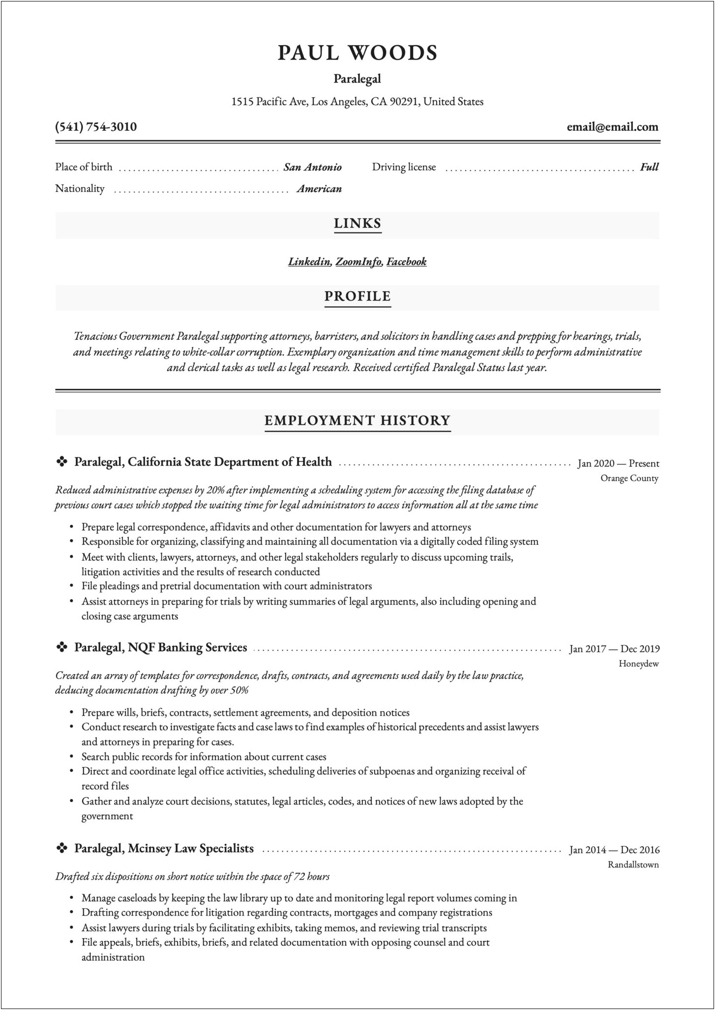 Cover Page Example For Resume Paralegal