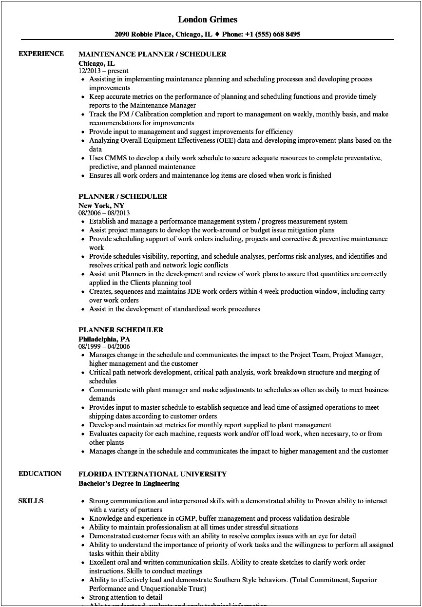 Creating Schedule Job Description Resume