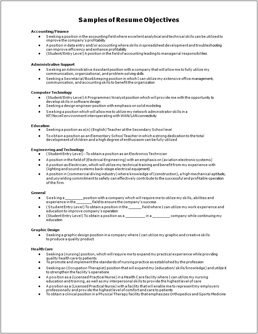 Creative Career Objective For Resume