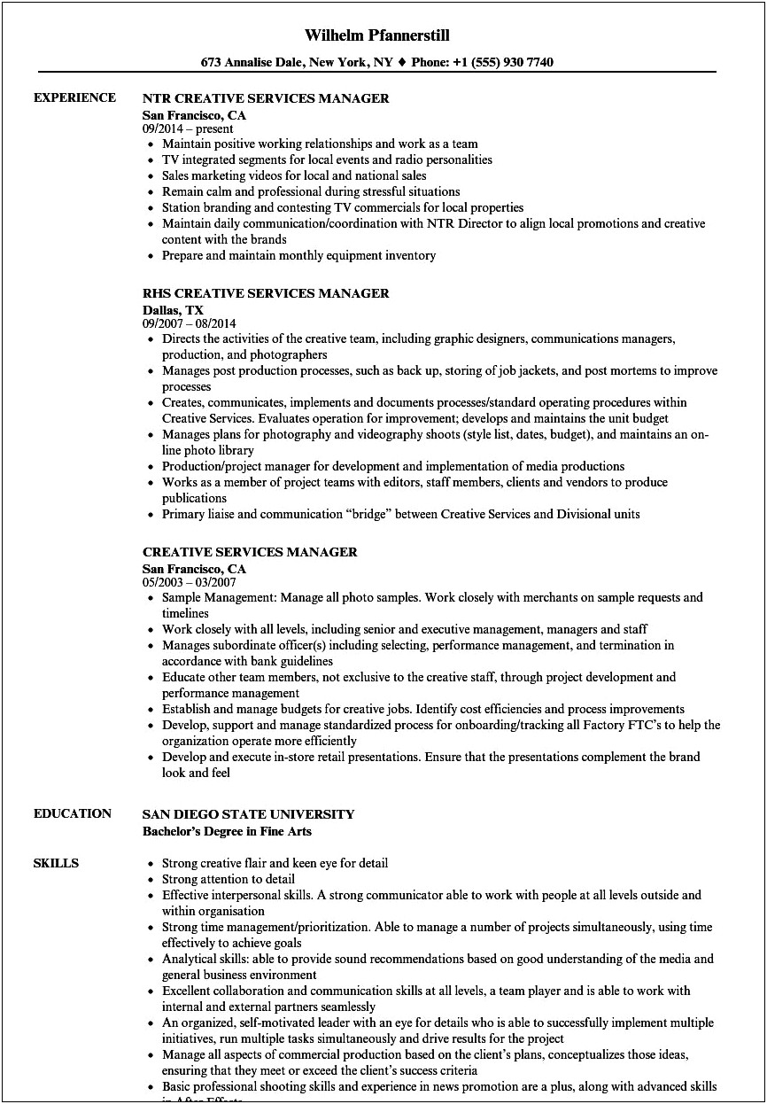Creative Services Manager Resume Sample
