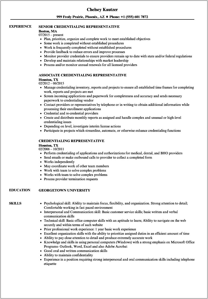 Credentialing Specialist Job Description For Resume